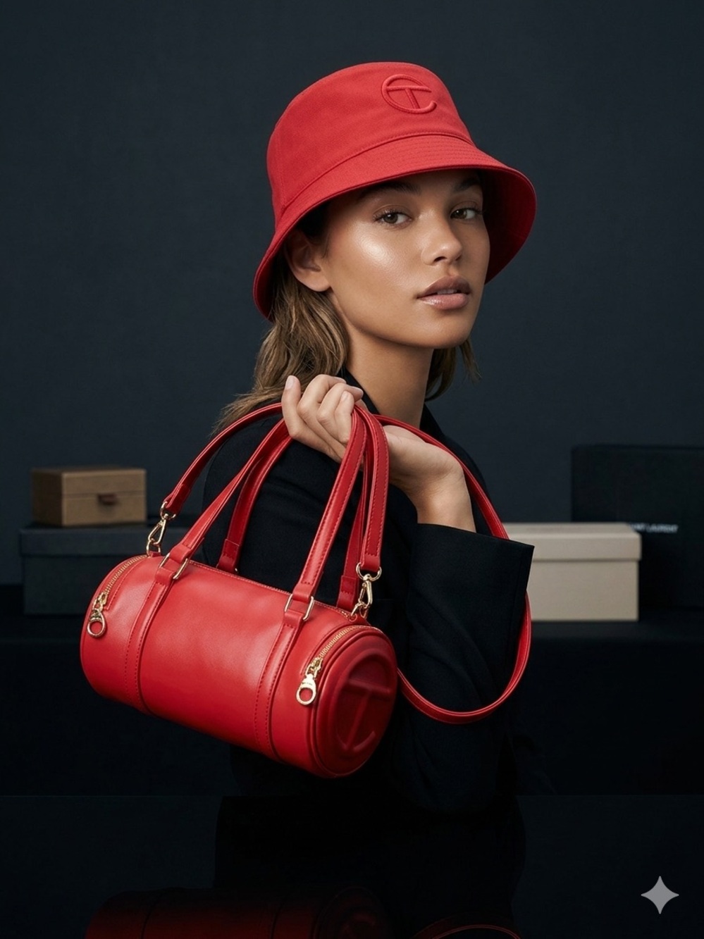 Classic Red Mini Barrel Bag with Matching Red Hat